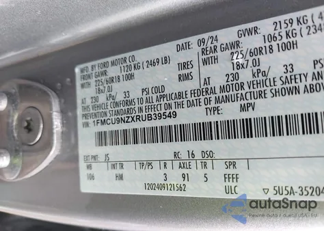 2024 Ford Escape St-Line Select z USA, uszkodzony, nr VIN 1FMCU9NZXRUB39549